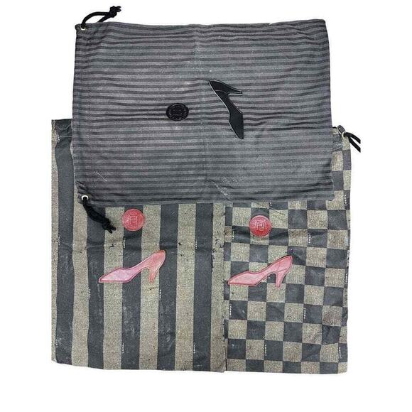 3 VTG RETRO Authentic Fendi Shoe Bags Coated Canvas Pequin Appliques Draw String - Picture 1 of 9
